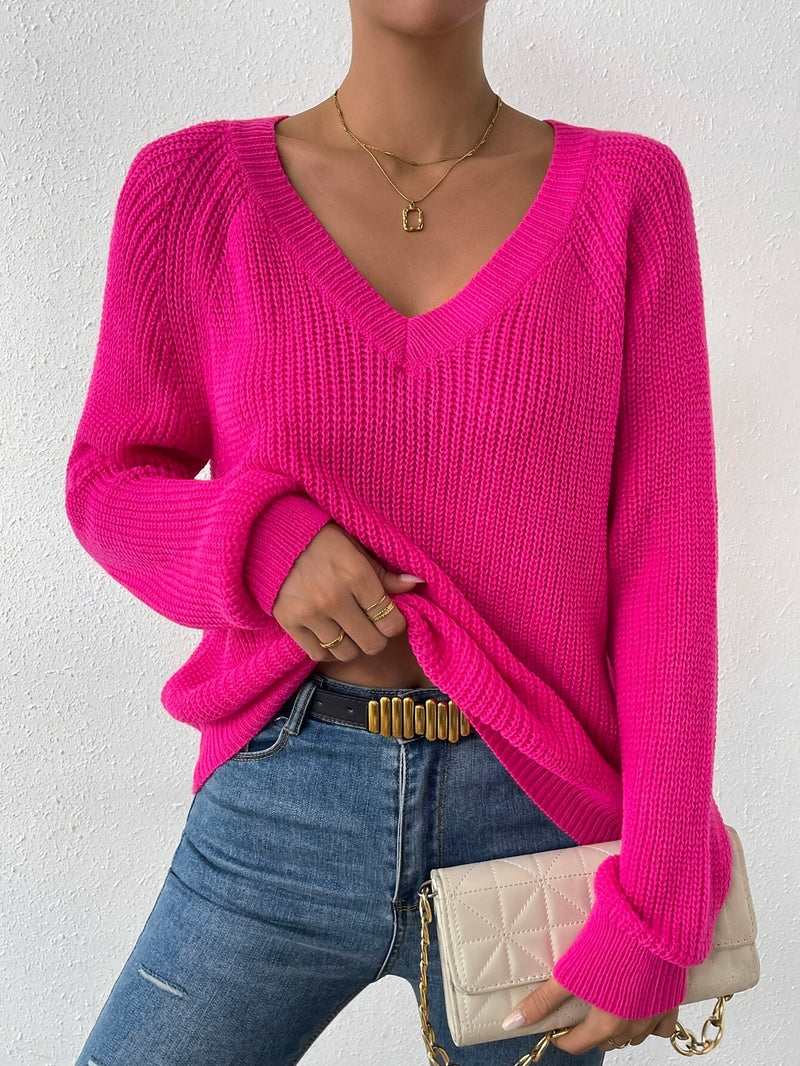 Raglan Sleeve V Neck Sweater, Elegant Solid Color Sweater For Fall & Winter, Women's Clothing