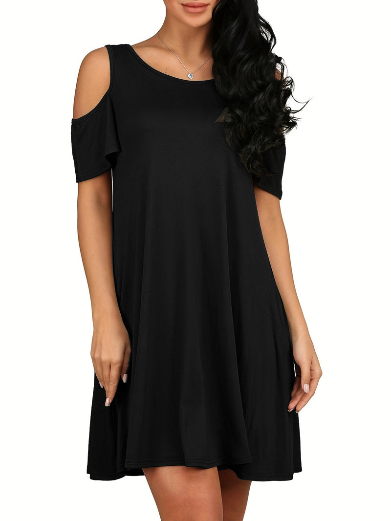 Solid Cold Shoulder Dress, Casual Crew Neck Short Sleeve Dress With Pockets, Women's Clothing
