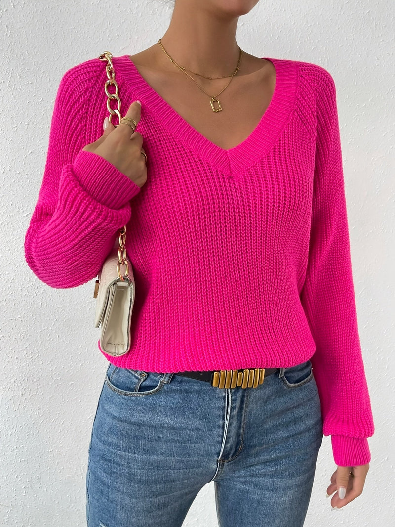 Raglan Sleeve V Neck Sweater, Elegant Solid Color Sweater For Fall & Winter, Women's Clothing