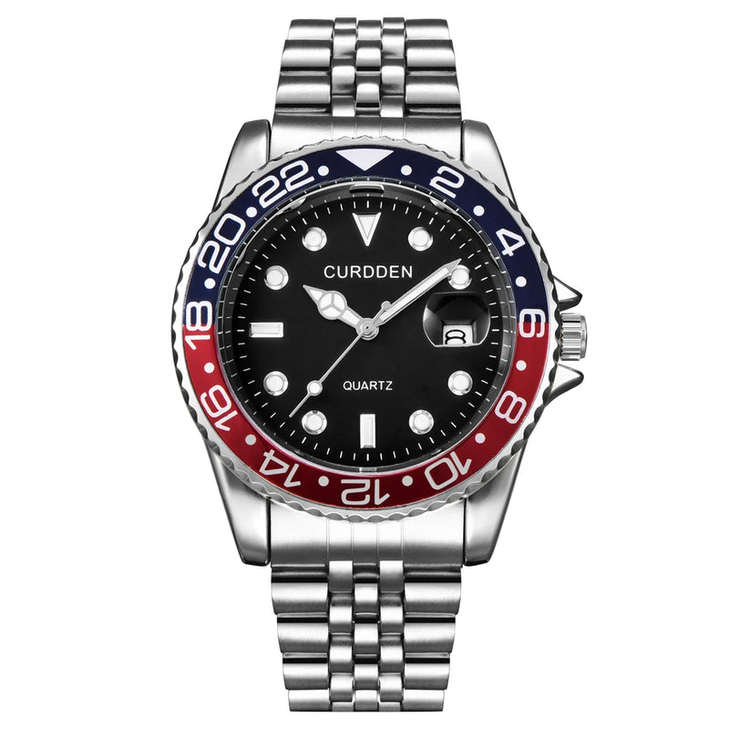 Men’s Fashion Quartz Watch – Casual Stainless Steel Band with Calendar, Green Dial
