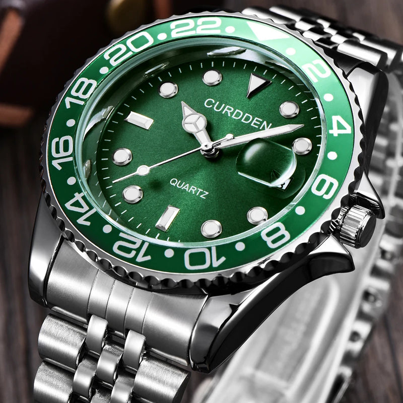 Men’s Fashion Quartz Watch – Casual Stainless Steel Band with Calendar, Green Dial