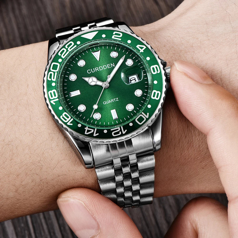 Men’s Fashion Quartz Watch – Casual Stainless Steel Band with Calendar, Green Dial
