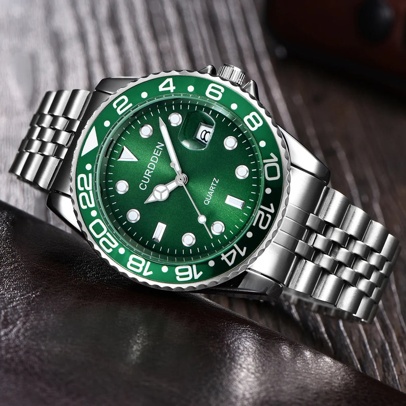 Men’s Fashion Quartz Watch – Casual Stainless Steel Band with Calendar, Green Dial