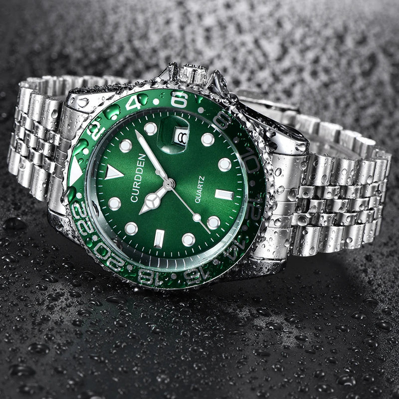 Men’s Fashion Quartz Watch – Casual Stainless Steel Band with Calendar, Green Dial