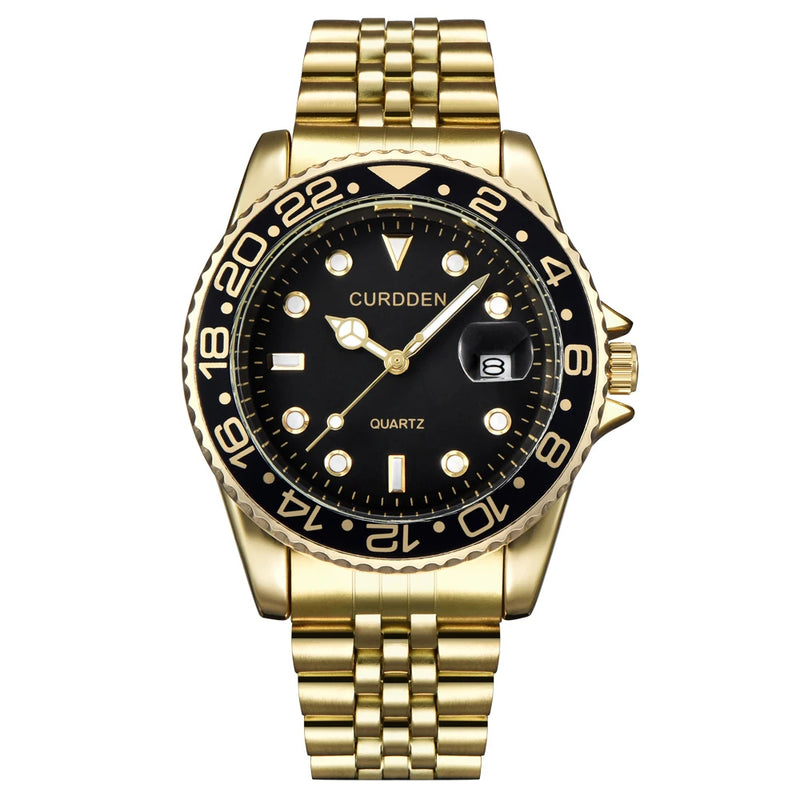 Men’s Fashion Quartz Watch – Casual Stainless Steel Band with Calendar, Green Dial